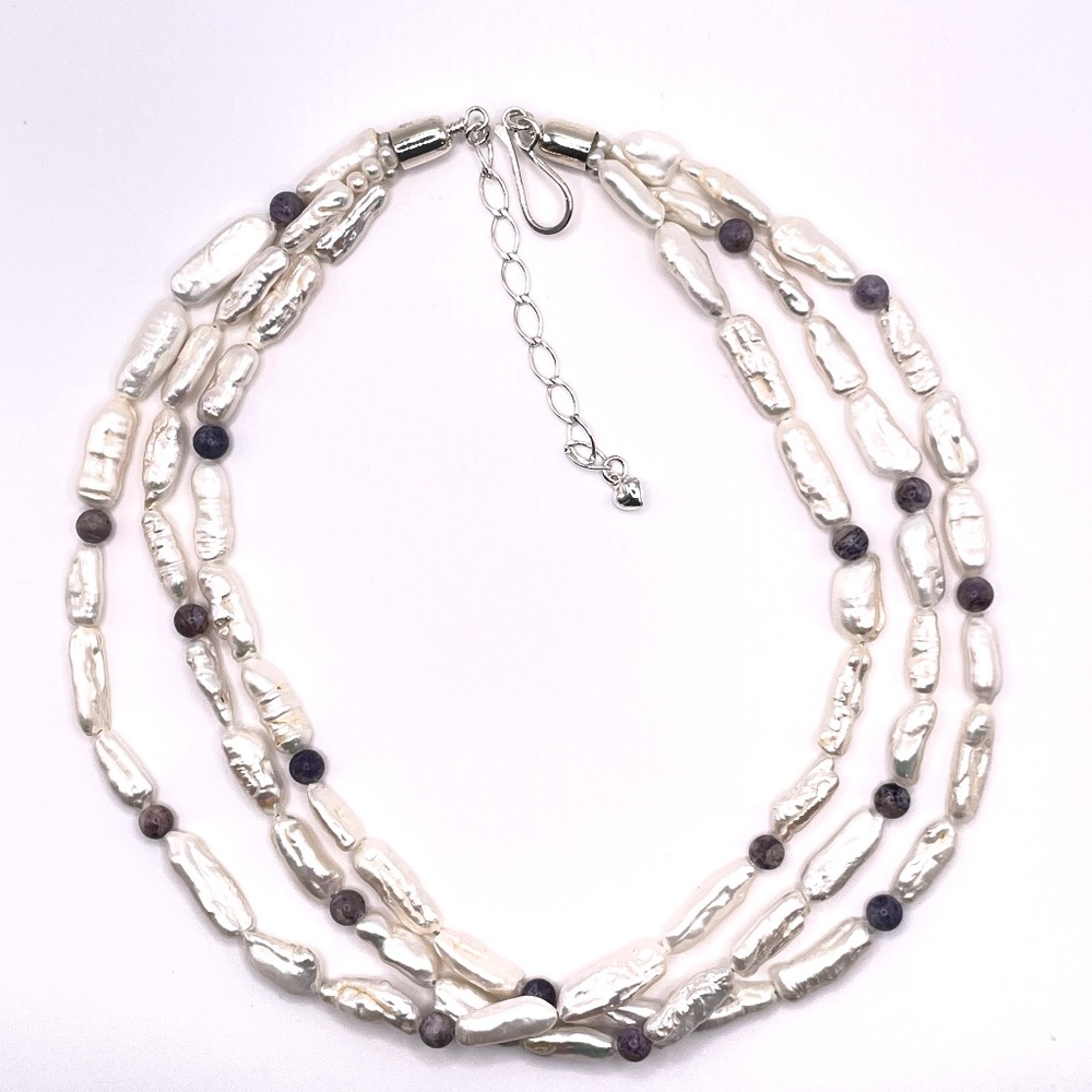 Desert Rose Trading Jay King 925 Sterling Pearl Gemstone Triple Strand Necklace - Picture 9 of 13